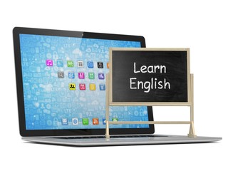  Laptop with chalkboard, learn english, online education concept