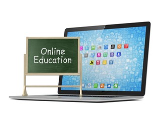 Laptop with chalkboard, online education concept