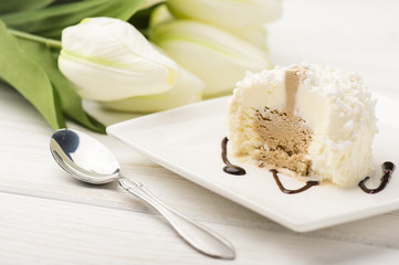 Itailan vanilla icecream on white plate.