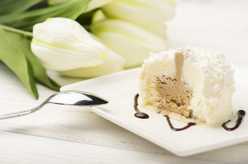 Itailan vanilla icecream on white plate.