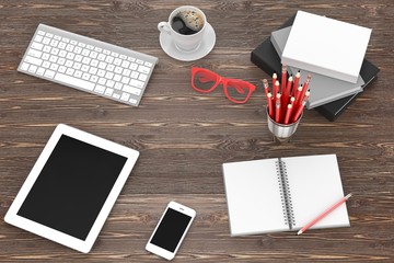 office stuff on table, workplace, top view