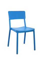 Blue Plastic Cafe Chair on White Background, Three Quarter View