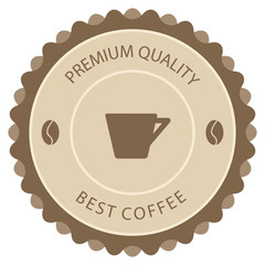 vector badge brown cup with beans and premium quality best coffee text, isolated on white