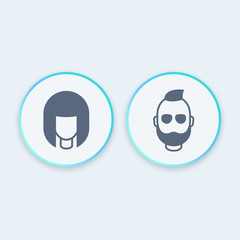 Obraz na płótnie Canvas Avatars round stylish icons, girl and bearded man, vector illustration