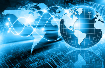Best Internet Concept of global business. Globe, glowing lines on technological background. Electronics, Wi-Fi, rays, symbols Internet, television, mobile and satellite communications