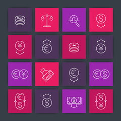 Currency line icons, forex trading, money, investment square icons set, vector illustration