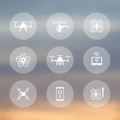 Drone, copter, quadrocopter round transparent icons, vector illustration