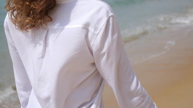 Happy Lifestyle Woman at Beach in White Shirt on Holidays