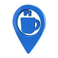Blue Map pin icon. Coffee icon.