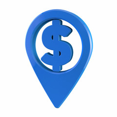 Blue Map pin. Dollar or bank icon.