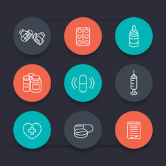 medicine, drugs, pills, pharmaceutics, prescription line round icons, vector illustration