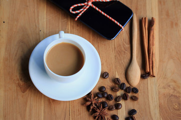 hot coffee with smart phone