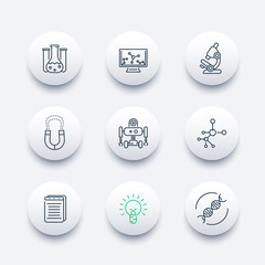 Science line round modern icons, laboratory, chemistry, physics, biology, research icon, vector illustration