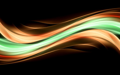 Waves glow orange and green background for design. Modern bright digital illustration.