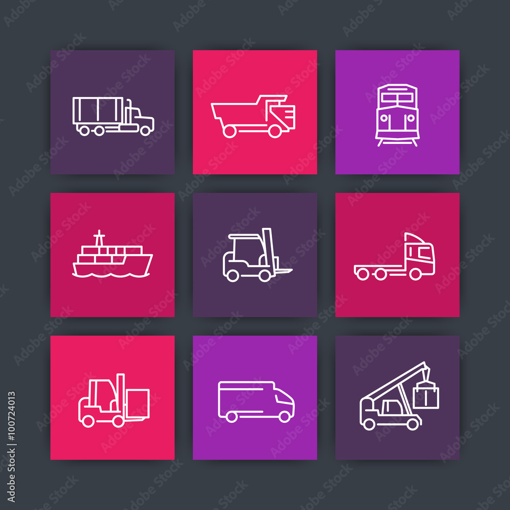 Wall mural Transportation, line icons, forklift, cargo ship, freight train, kinds of transportation, mode of transport square icons, vector