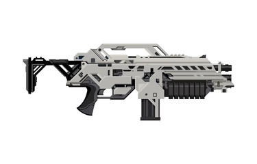 A vector illustration of a sci-fi heavy assault rifle.   Heavy machine gun Illustration Icon - Futuristic weapon with grenade launcher concept. © grimgram