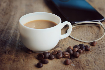 hot coffee with smart phone