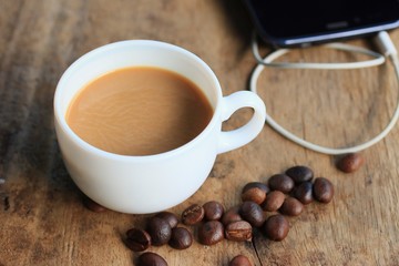 hot coffee with smart phone