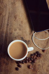 hot coffee with smart phone