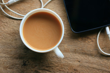 hot coffee with smart phone