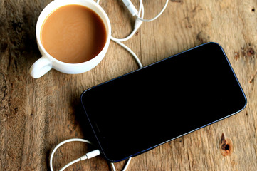hot coffee with smart phone