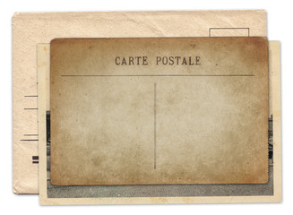Vintage old postcard and envelope isolated