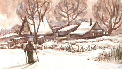 Skier in the snow in the village, a sketch in watercolor