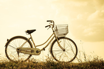 Fototapeta na wymiar silhouette of retro bicycle in grass field 