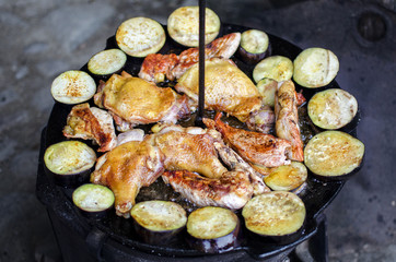 Delicious barbecue with poultry meat and eggplants