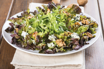 Ensalada de queso azul y nueces con rúcula lechuga hoja de roble y canónigos una comida vegetariana para una dieta sana