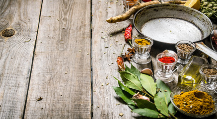 Empty frying pan with aromatic spices and herbs.