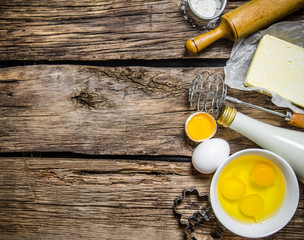 Preparation of the dough. Ingredients for the dough - Milk, eggs, butter, flour and whisk.