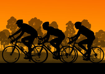 Bicyclist riding bicycle group marathon background silhouette ve