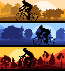 Obraz premium Bicyclist riding bicycle background silhouette vector illustrati