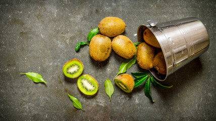 Fallen bucket with kiwi fruit and leaves.