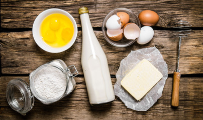 Preparation of the dough. Ingredients for the dough - Milk, eggs, butter, flour and whisk.