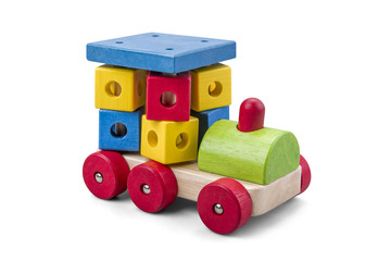 Wooden car - truck toy with colorful blocks isolated over white