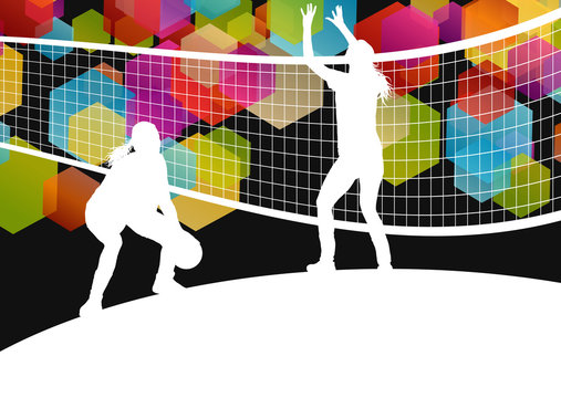 Volleyball player silhouettes in sport abstract vector backgroun