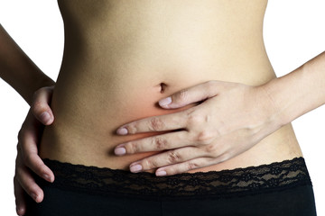 Naklejka premium A woman holding her stomach in pain, with red highlighted on pain area on a white background