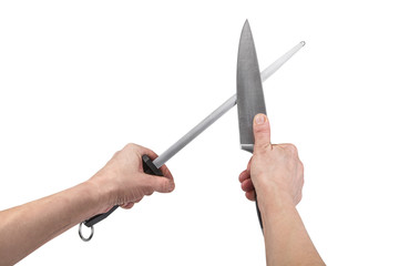 Knife hand sharpening technique - isolated on white with clippin