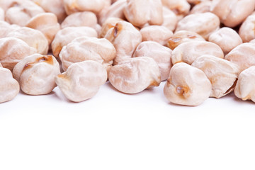Raw dry chickpeas on white background