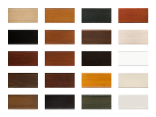 Wood color sample swatch chart isolated on white with clipping p