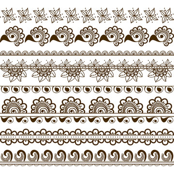 Vector set of hand drawn borders in ethnic indian style. Collection of pattern brushes inside