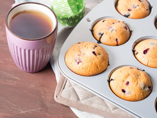 Breakfast with just baked yogurt muffins with blueberries