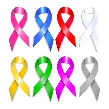 Awareness ribbons set with shadows. Breast, prostate, bladder, colon, liver, lung, brain cancer. Vector illustration.