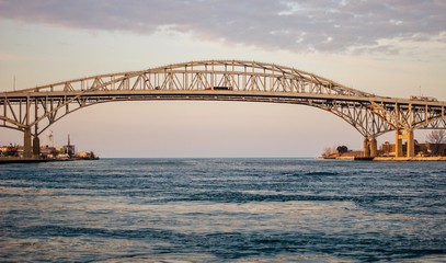 The twin spans of the Blue Water Bridges crossing between Sarnia, Ontario and Port Huron, Michigan....