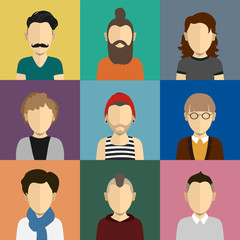 People icons set in flat style with faces of men and boys