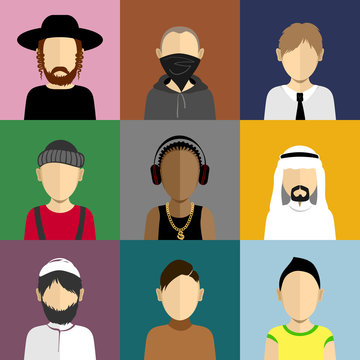 People icons set in flat style with faces of men and boys