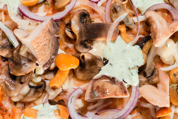 closeup Tasty pizza with mushrooms, ham and pickles on a black b