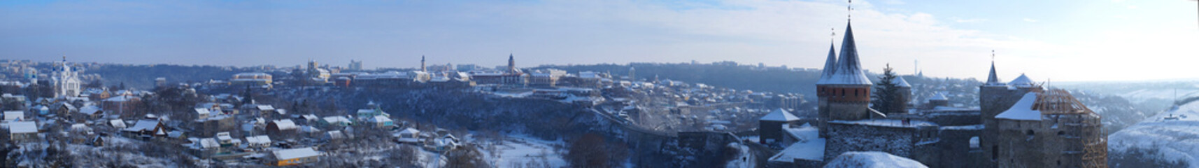 Winter picturesque view at canyon and old city of Kamianets-Podilskyi, Ukraine